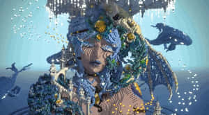 像素藝術美人魚與龍和城堡在藍色奇幻場景中。 — 我的世界 壁紙