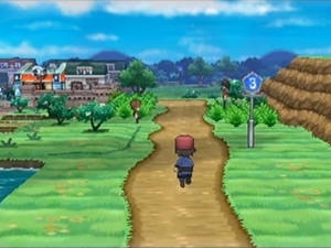 像素藝術遊戲場景，訓練員在泥土小徑上走向村莊。 — 卡通 壁紙