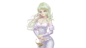 薄荷綠色頭髮的動漫女孩，身穿白色服裝，手持金色劍。 — 白色百合花 壁紙