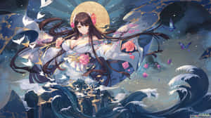 穿著和服的動漫女孩漂浮在海浪之上，伴隨著月亮和蝴蝶 — 美麗的動畫 壁紙