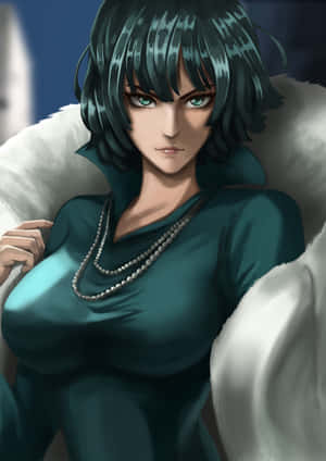 動漫女性，青綠色頭髮和綠色眼睛，穿著青綠色連衣裙和珍珠項鍊。 — 鹿丸 壁紙