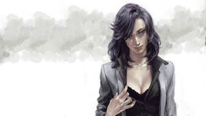動漫女性穿著灰色西裝外套，背景為灰色雲朵 — 寄生獸 壁紙