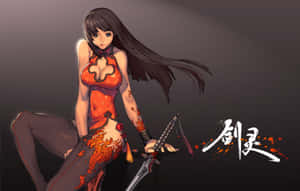 動漫女戰士，長黑髮，橙色火焰紋身，手持劍。 — 電玩遊戲 GIF 壁紙