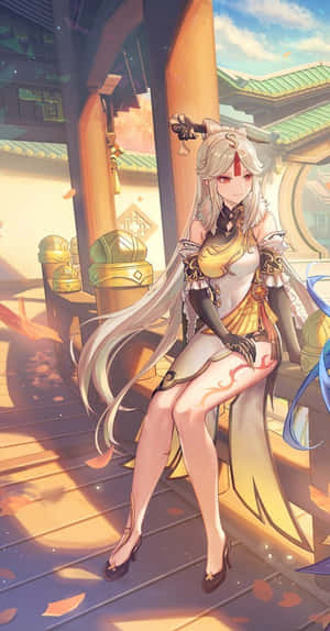 銀色頭髮的動漫少女在秋天坐在木製陽台上，周圍有落葉。 — 原神 壁紙