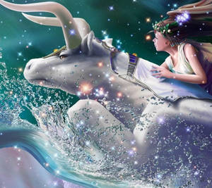 女士騎著一頭星牛穿越神奇的宇宙水域。 — 金牛座 壁紙