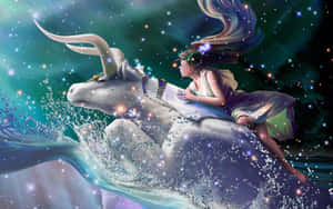女士騎著獨角獸穿越星空海洋，周圍有發光的水滴。 — 金牛座 壁紙
