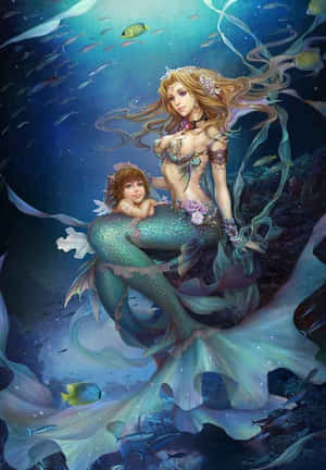 一位美人魚母親和她的孩子在水下被魚和珊瑚環繞著一起休息。 — 美人魚 壁紙