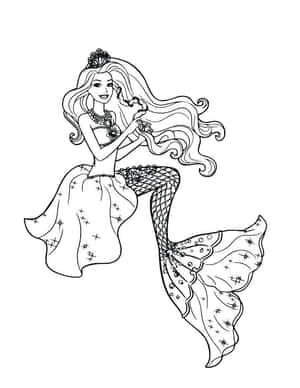 一個黑白線條藝術的美人魚，長頭髮，拿著一個貝殼。 — 美人魚 壁紙
