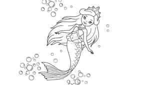 一位戴著皇冠、頭髮飄逸的美人魚在水中游動，周圍環繞著氣泡。 — 美人魚 壁紙