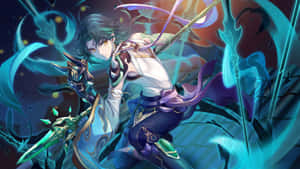 動漫戰士在魔法戰鬥場景中揮舞發光的劍。 — 原神 壁紙