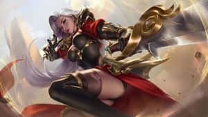 身穿金色鎧甲的動漫女戰士，在戰鬥中揮舞著發光的劍。 — 動漫女孩 壁紙
