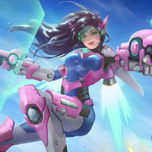 動漫機甲駕駛員身穿粉紅色裝甲，手持發光武器在藍天中飛行。 — iPad Pro 13 壁紙