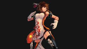 動漫女戰士身穿白色連衣裙，帶有紅色龍紋身和黑色靴子，手持槍支。 — 2560x1440 壁紙