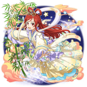 身穿星形連衣裙的動漫女孩與竹子和宇宙雲朵共舞。 — 女主角 壁紙