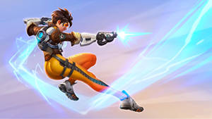 女性遊戲英雄在半空中發射能量武器，帶有發光軌跡 — 電玩遊戲 GIF 壁紙