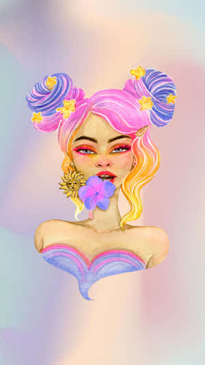 一位風格化的女性，擁有宇宙髮髻和嘴唇附近的花朵。 — 酷 壁紙
