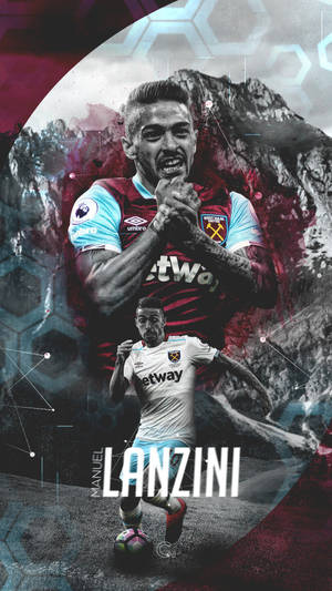 足球運動員 Manuel Lanzini 穿著西漢姆聯球衣，以山脈和數位六邊形為背景。 — 薩瓦托雷·菲拉格慕 壁紙