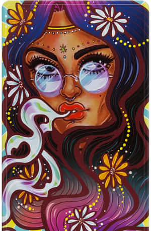 一位戴眼鏡的色彩繽紛插畫女性，在花卉圖案中呼出煙霧。 — 垃圾美學 壁紙
