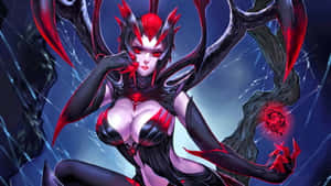 一位紅眼女惡魔身穿黑色鎧甲，在破碎的冰前手持發光的玫瑰。 — 魔法森林 壁紙