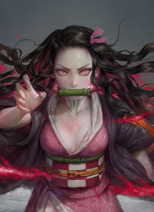 動漫女戰士，紅眼睛，竹劍，被紅色能量包圍。 — 曉組織手機 壁紙