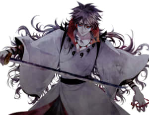 灰色頭髮和紅色眼睛的動漫角色手持劍。 — 混沌武士 壁紙
