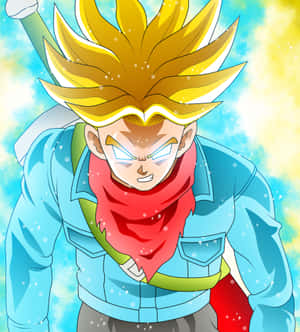 動漫角色，金色尖刺頭髮，發光的眼睛，穿著藍色外套和紅色圍巾。 — 小米 Mix Fold 4 壁紙