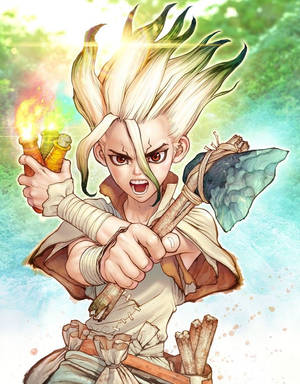動漫戰士，尖刺頭髮，以動態姿勢手持火炬和斧頭。 — Dr.STONE 新石紀 壁紙