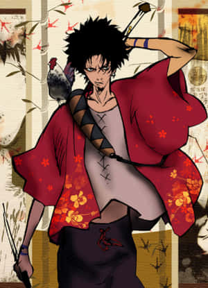 動漫劍客身穿紅色花卉和服，眼神凌厲地持劍。 — 動漫桌面 壁紙