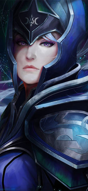 奇幻戰士，身穿暗色盔甲，擁有發光的紫色眼睛和宇宙背景。 — 電玩遊戲 GIF 壁紙