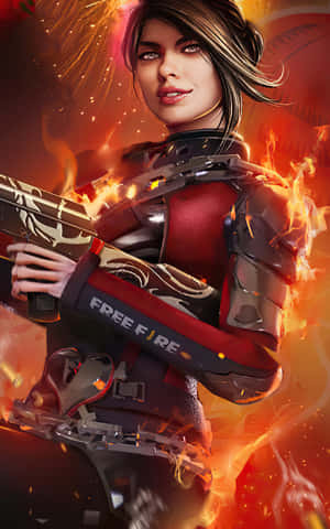 一位身穿火焰盔甲的女玩家手持刻有free fire的武器。 — 火焰動畫 壁紙