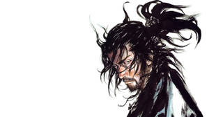 動漫武士戰士，擁有狂野的黑髮和強烈的向下凝視。 — 流浪者 壁紙