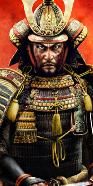 近距離拍攝一名血跡斑斑的武士戰士，身穿精細盔甲，表情兇猛。 — 電玩遊戲 GIF 壁紙