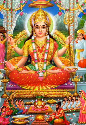 印度教女神坐在華麗王座上，信徒在寺廟中祈禱。 — Maa Durga 壁紙