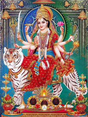 多臂的印度教女神在華麗的寺廟環境中騎著老虎。 — Maa Durga 壁紙