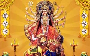 杜爾迦女神騎著獅子，以多臂手持武器擊敗惡魔。 — Maa Durga 壁紙