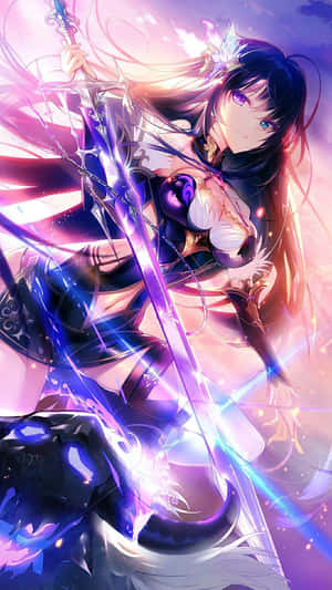 動漫戰士女孩，手持發光劍，秀髮飄逸，置身魔法戰鬥場景。 — 紫色動漫美學 壁紙