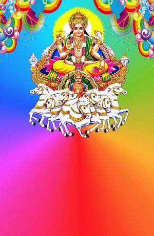 一位印度教女神在由七匹白馬拉動的金色戰車上，背景是彩虹色。 — Maa Durga 壁紙
