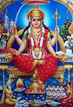 印度教女神坐在華麗寶座上，腳下有信徒和供品。 — Maa Durga 壁紙