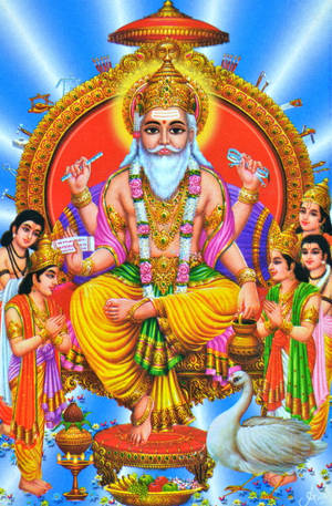 印度教神祇有多隻手臂，坐在寶座上，周圍有侍從和一隻天鵝。 — Maa Durga 壁紙