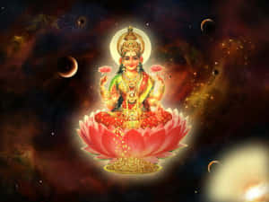 女神坐在蓮花上，在一個有行星的星空宇宙場景中。 — 蓮花 GIF 壁紙
