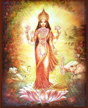 女神站在蓮花上，與天鵝和大象在神聖的花園中。 — Maa Durga 壁紙