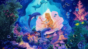 粉紅色貝殼中的美人魚在發光的珊瑚和熱帶魚之間與海豚互動。 — 美人魚 壁紙