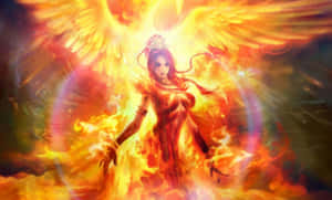 一位神話中的鳳凰女郎，擁有火焰翅膀和周圍發光的火焰。 — 瑟夏·羅南 壁紙
