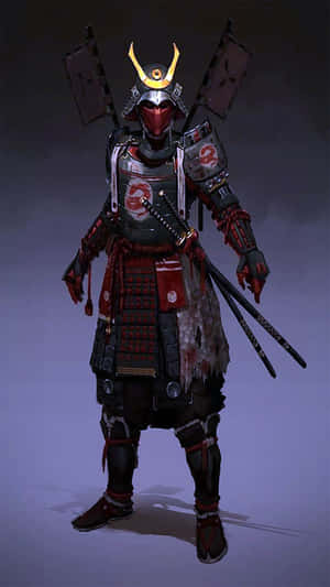 身穿精細紅黑盔甲的武士，手持雙刀。 — 混沌武士 壁紙