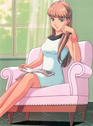 動漫女孩在粉紅色扶手椅上閱讀雜誌 — Kindle 壁紙