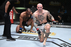刺青MMA拳手在對手投降後，在八角籠中跪地勝利。 — 酷 壁紙