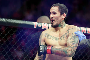 刺青MMA拳手在UFC八角籠中舉起戴手套的手慶祝勝利。 — 運動 壁紙