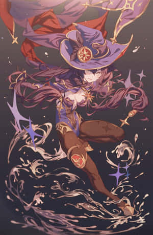 動漫女巫跳過水面，伴隨著發光的星星和魔法漩渦。 — 原神 壁紙