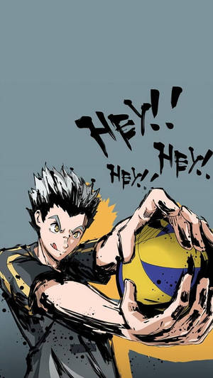 動漫排球運動員拿著球大喊 'HEY!'。 — 插畫 iPhone 壁紙