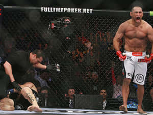 MMA拳手在八角籠中慶祝勝利，對手正由裁判檢查。 — 運動 壁紙